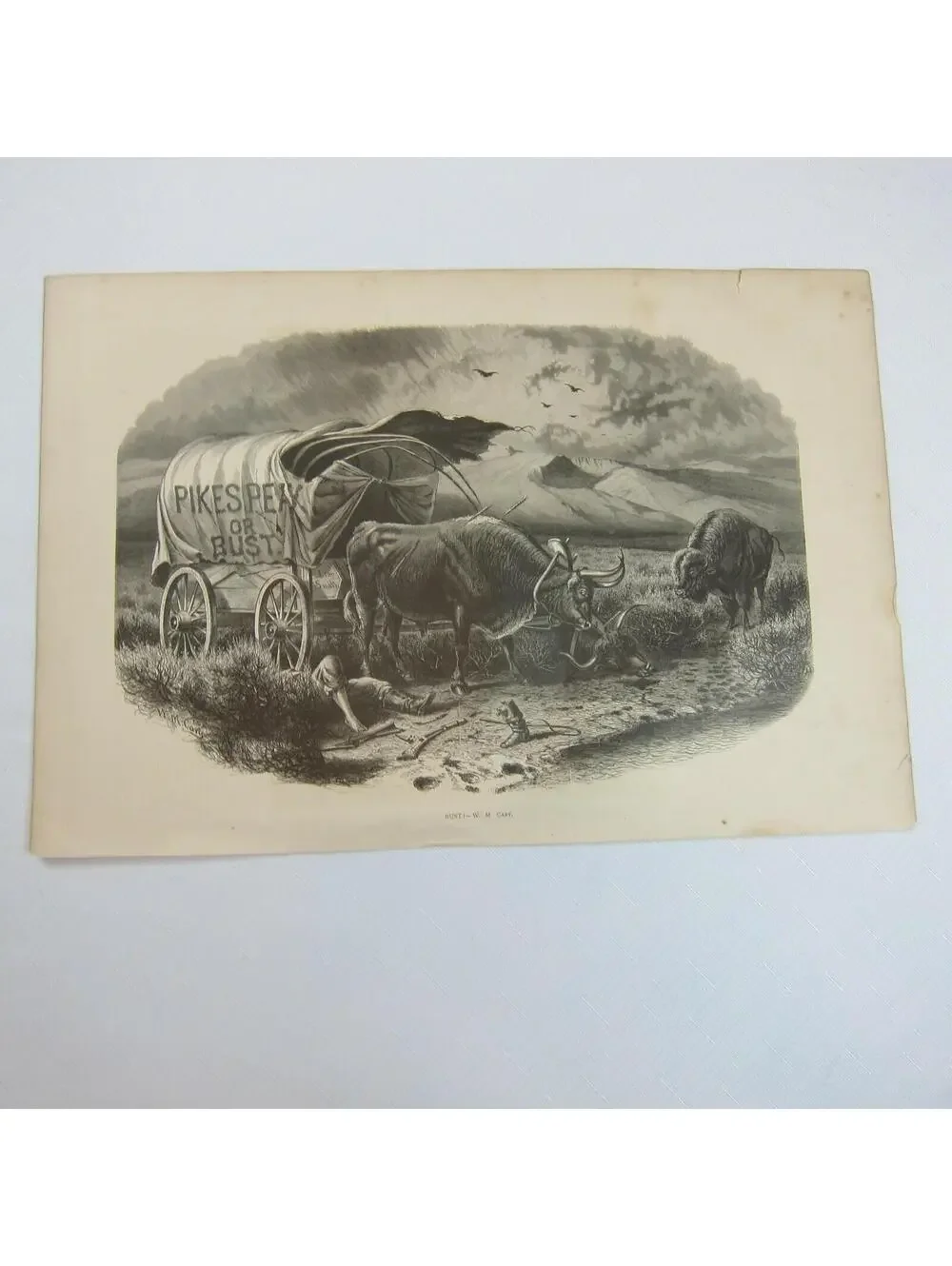 Antique 1873 Engraving Print Pikes Peak or BUST! W.M. Cary Wagon Indian Attack